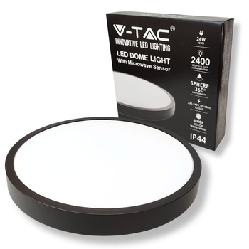 Plafon LED 24W 4000K 2400lm IP44 z czujnikiem ruchu okrągły czarny V-TAC